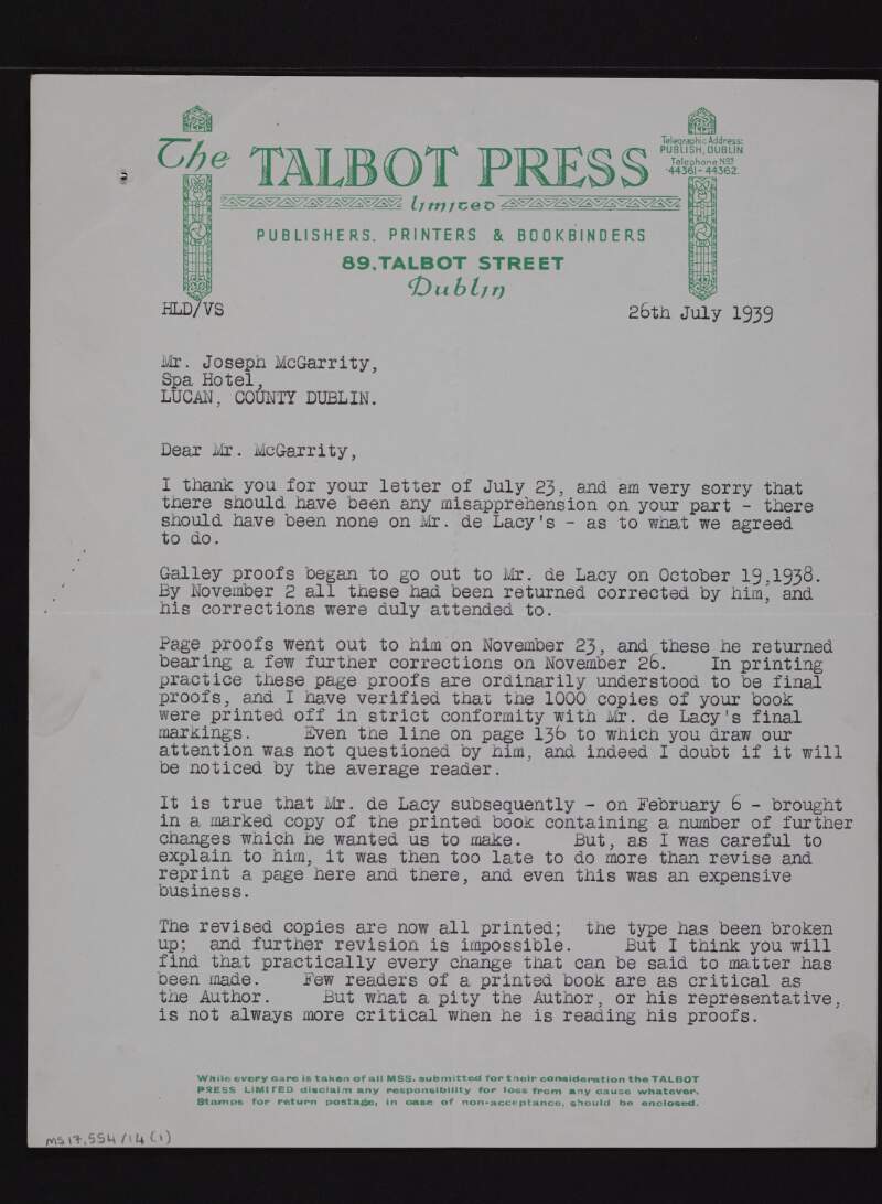 Letter from the editor of the Talbot Press to Joseph McGarrity regarding the editing process, including proof reads and corrections, for 'Celtic Moods and Memories', a publication involving McGarrity and "Mr. DeLacy",