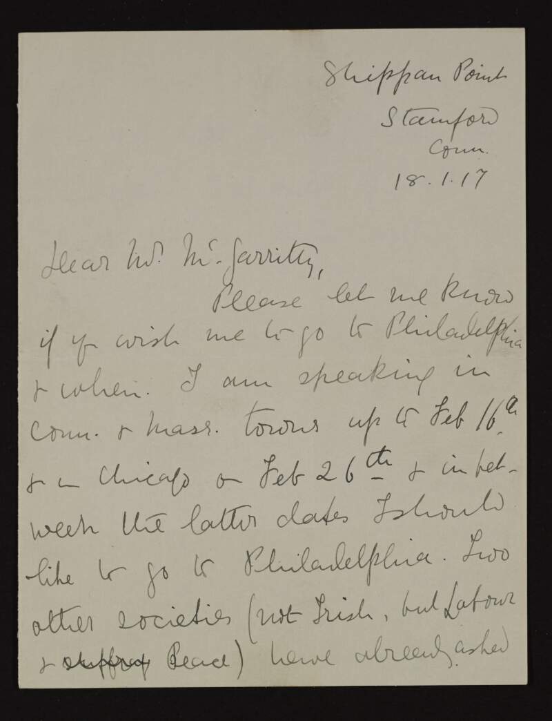 Letter from Hanna Sheehy-Skeffington to Joseph McGarrity regarding what dates would be suitable to visit Philadelphia,