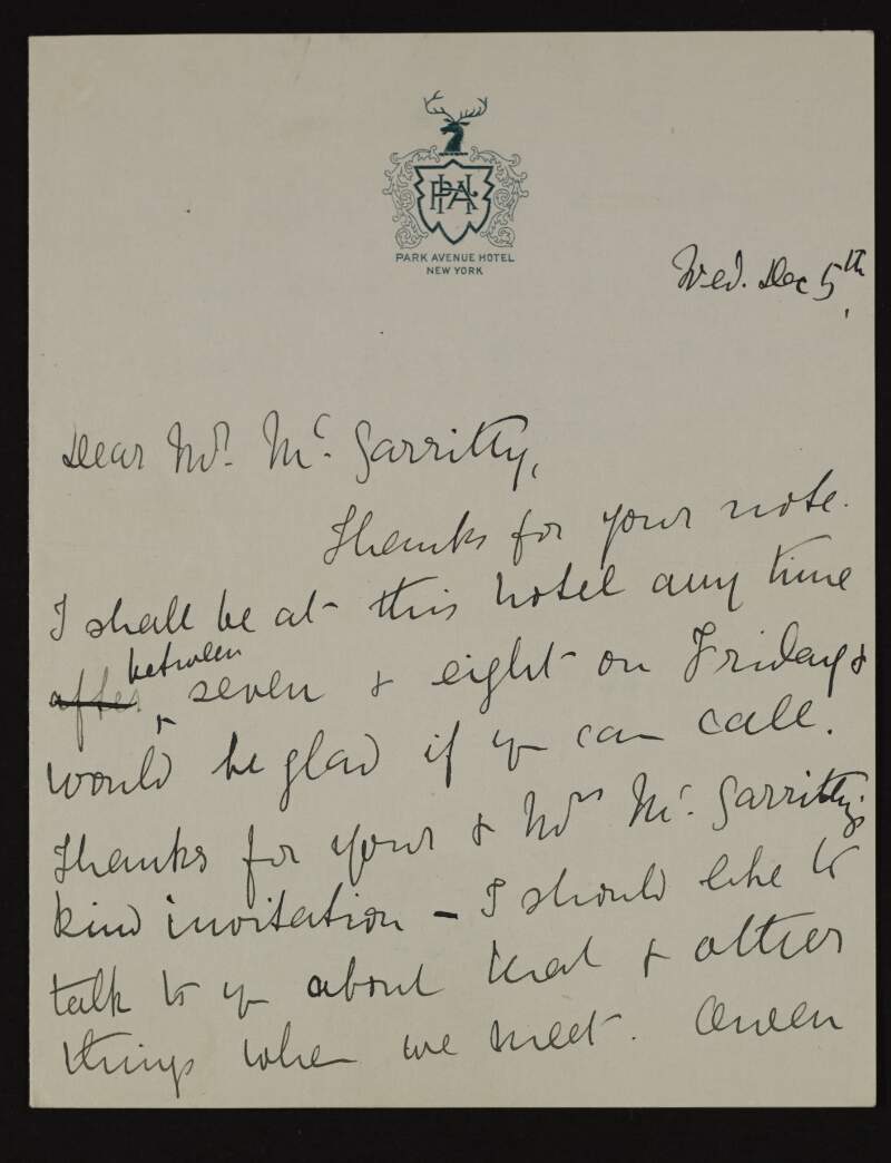 Letter from Hanna Sheehy-Skeffington to Joseph McGarrity arranging a meeting at her hotel and mentioning that her son Owen is staying at school in the west,