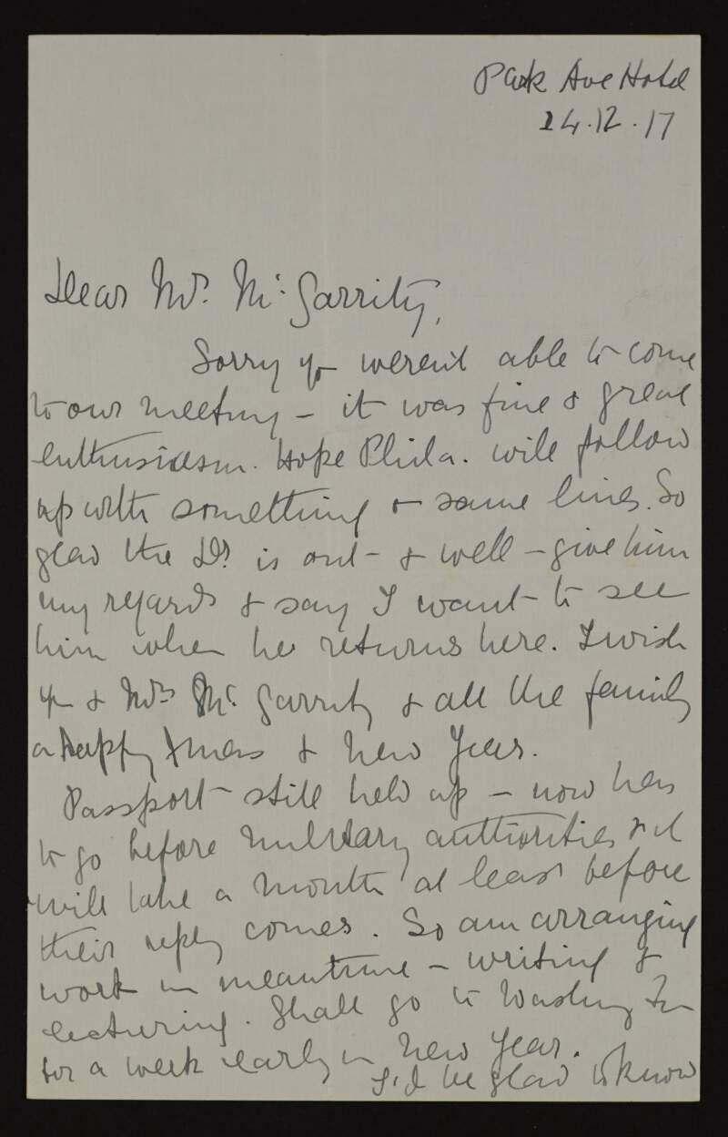 Letter from Hanna Sheehy-Skeffington to Joseph McGarrity regarding problems with her passport and ways of supporting herself in the short term,