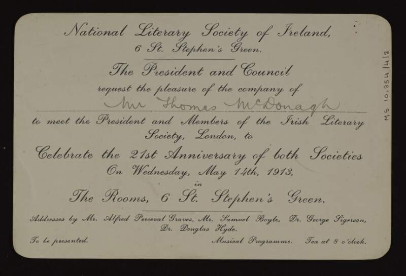 Invitation from the National Literary Society of Ireland to Thomas MacDonagh, inviting him to a celebration of the 21st anniversary of the organisation,