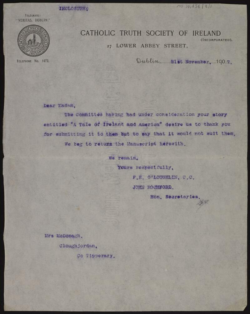 Letter from F.E. O'Loughlin to Mary-Louise MacDonagh regarding her piece 'A Tale of Ireland and America',