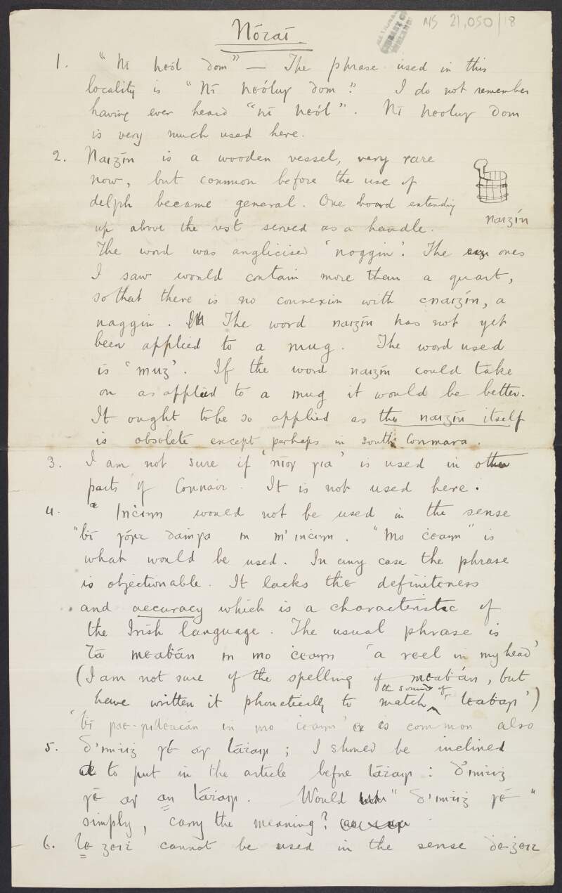 Notes from Mícheál Ó Máille to Padraic Pearse providing him with extensive notes on the Connemara Irish dialect including the origin of the "naigín" (wooden vessel) with an illustratio which he describes as "very rare now",
