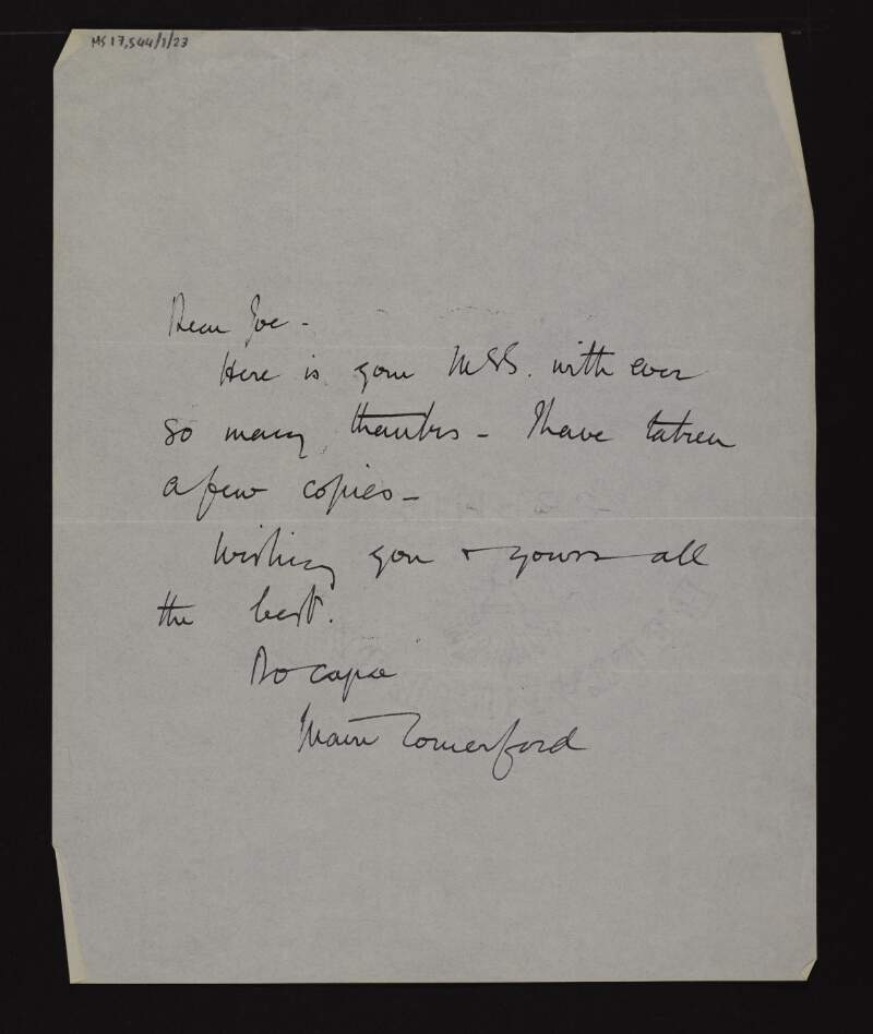 Letter from Maire Comerford to Joseph McGarrity, wishing him well,