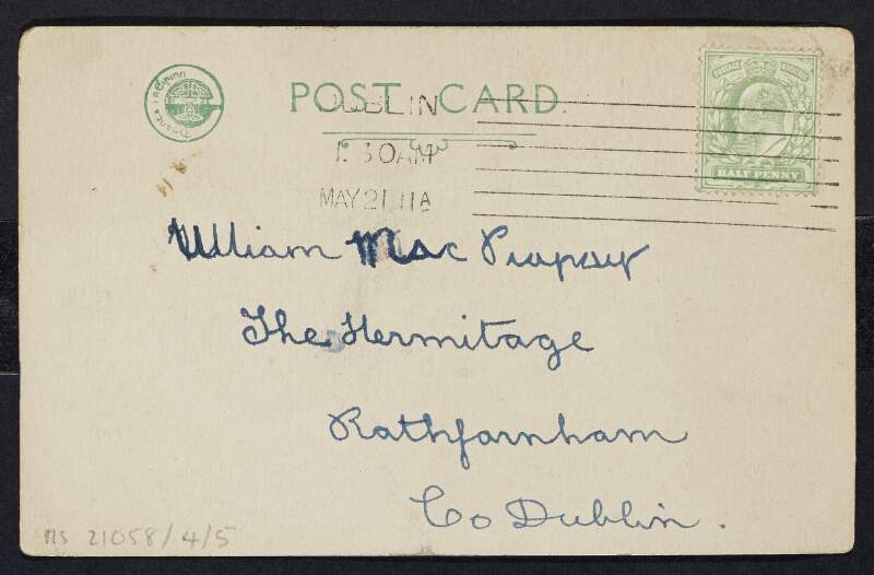 Postcard from Mabel Gorman to William Pearse informing him she cannot go cycling with him and mentioning she hopes he will visit their new home,
