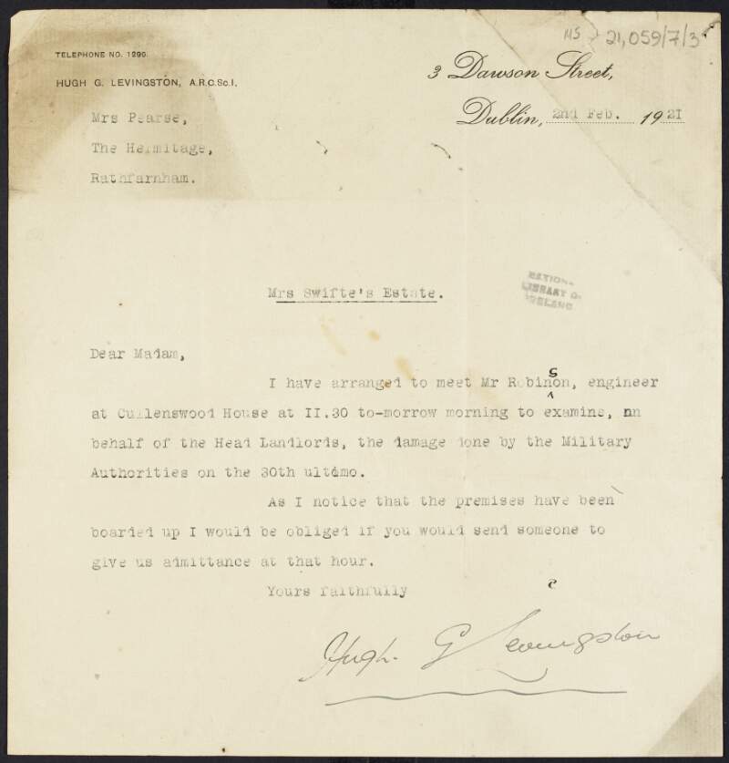Letter from Hugh G. Levingston, estate and insurance agent, 3 Dawson Street, Dublin, to Margaret Pearse organising a time to review the damage done by military authorities to Cullenswood House, Ranelagh on the 30 January 1921,