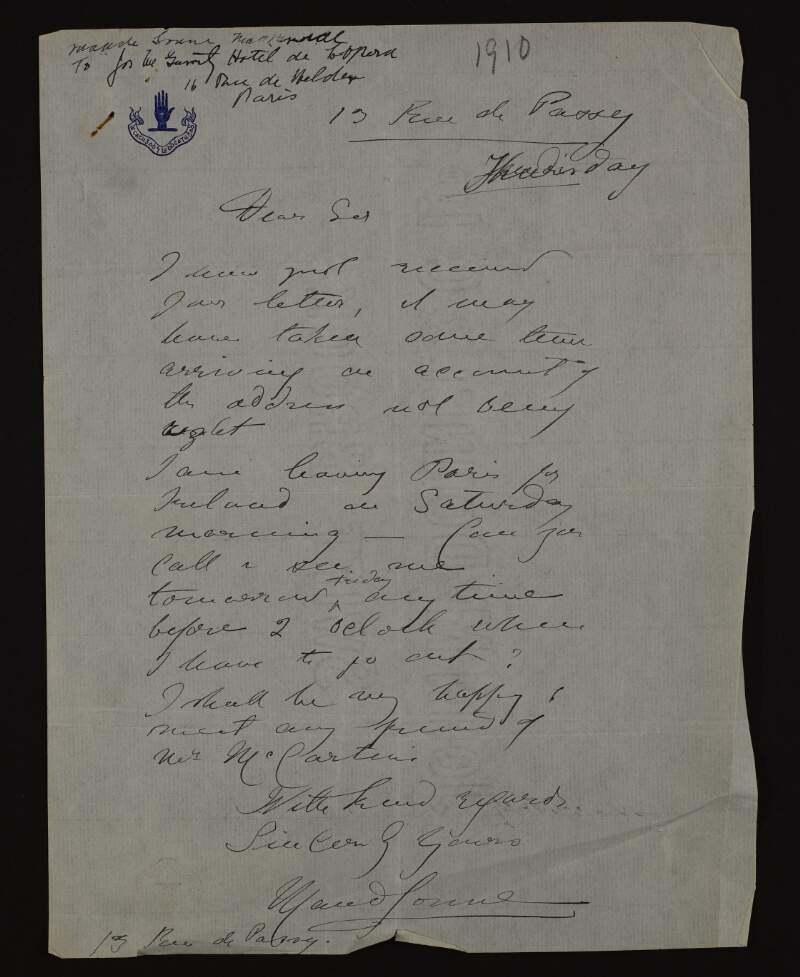 Letter from Maud Gonne MacBride to Joseph McGarrity inviting him to call on her tomorrow and expressing her willingness to meet any friends of Dr. Patrick McCartan,