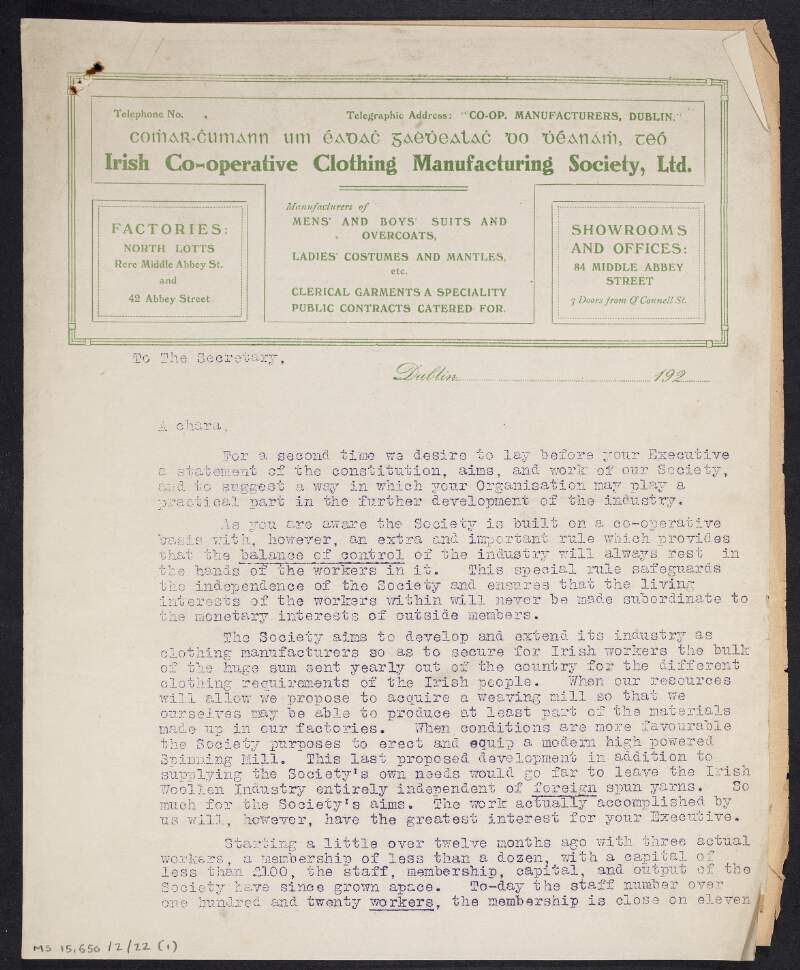 Annotated letter from the Irish Co-operative Clothing Manufacturing Society to William O'Brien describing the growth of the Society and encouraging other societies to invest capital in the Society,
