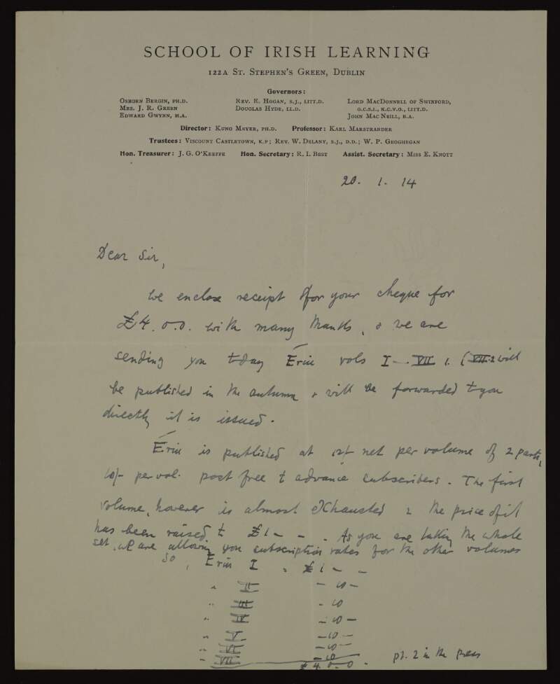 Letter from Eleanor Knott to Joseph McGarrity regarding his purchase of an entire set of their publications,