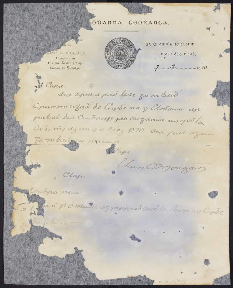Letter from [Uiain?] O'Morgáin to Padraic Pearse inviting him to a meeting of "Coiste na gClodann" and providing him with the programme for the meeting,