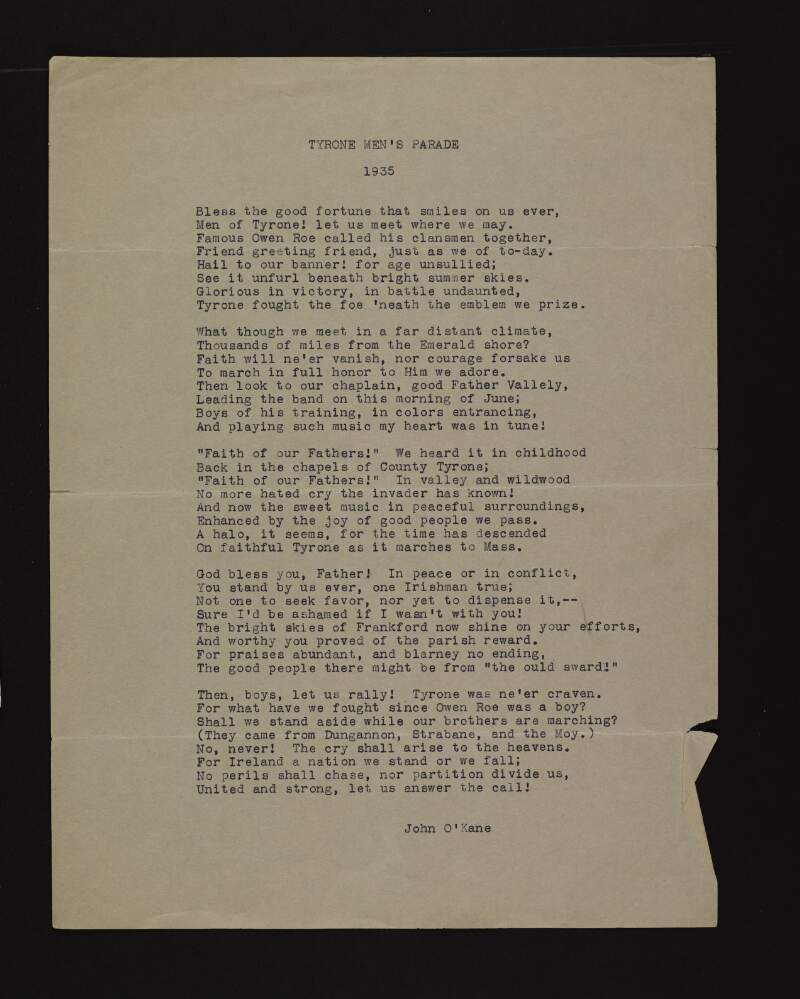 Poem "Tyrone Men's Parade" by John O'Kane,