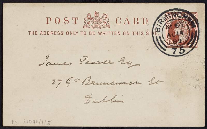 Postcard from the Bank of England Branch in Birmingham to James Pearse acknowledging his letter and enclosure,