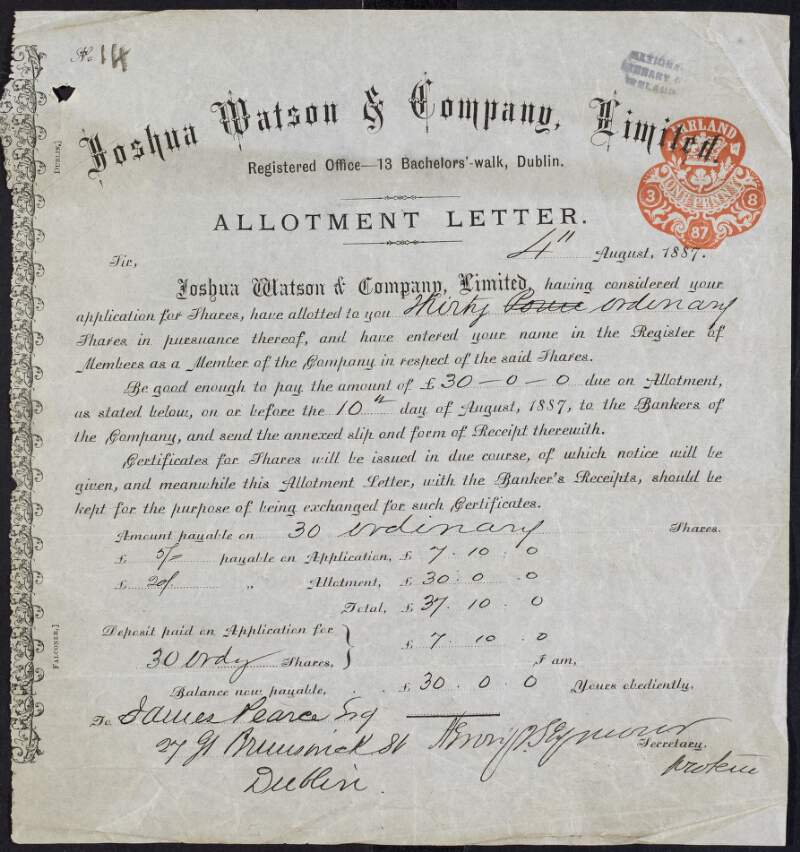 Allotment letter for James Pearse for 30 ordinary shares in Joshua Watson & Company Limited,