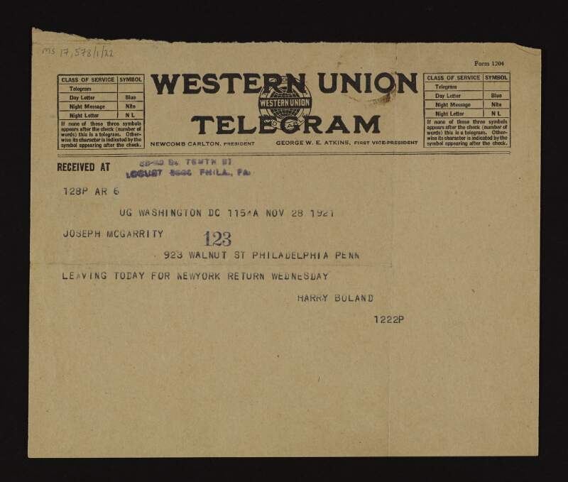 Telegram from Harry Boland to Joseph McGarrity relating that he is leaving today for New York and will return on Wednesday,