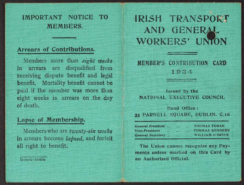 Irish Transport and General Workers' Union member's contribution card for the year 1934, belonging to William O'Brien,