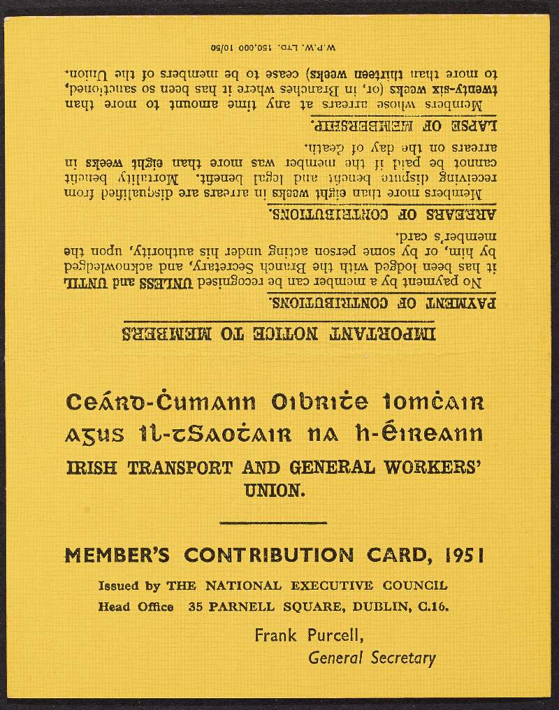 Irish Transport and General Workers' Union member's contribution card for the year 1951, belonging to William O'Brien,