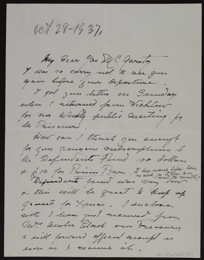 Letter from Maud Gonne MacBride to Joseph McGarrity regarding the Dependents' Fund and prisoners,