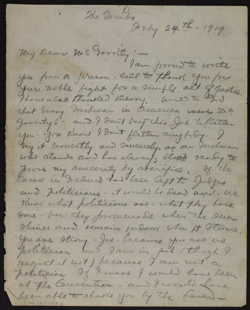Letter from Jeremiah A. O'Leary (written from The Tombs prison) to Joseph McGarrity praising McGarrity's dedication to the Irish cause and discussing Irish nationalism,