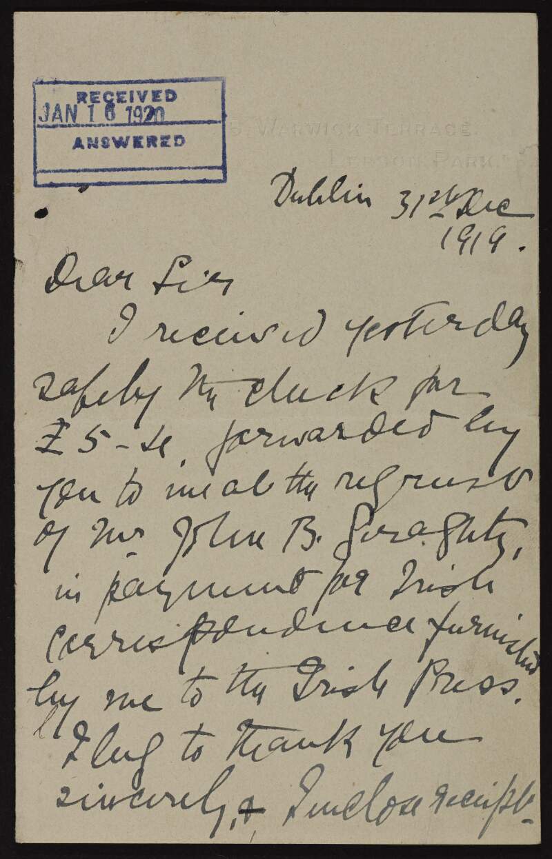 Letter and receipt from Mary O'Nolan (Máire De Búitléir) to Joseph McGarrity thanking him for a payment for "Irish correspondence furnished by me to the 'Irish Press'",