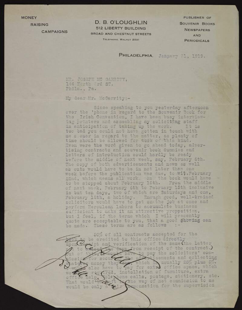 Letter from D. B. O'Loughlin to Joseph McGarrity regarding the publication of a souvenir book for the Irish Race Convention, Philadelphia,