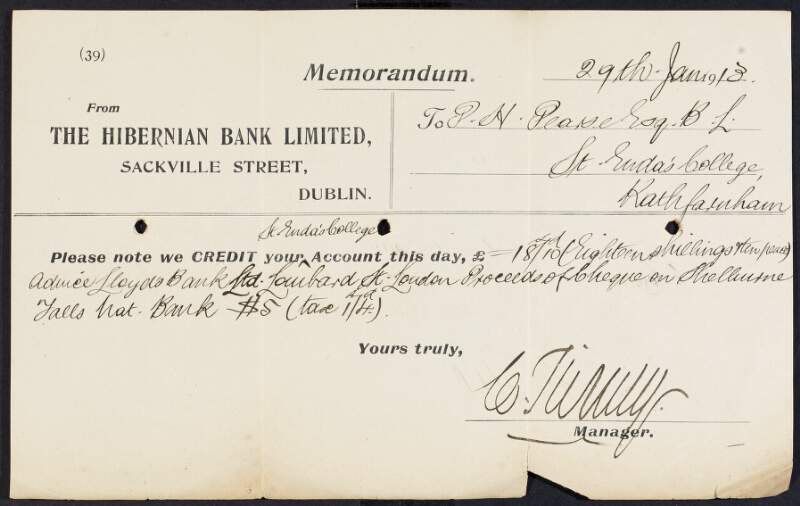 Memorandum from The Hibernian Bank Limited to Padraic Pearse informing him they have credited the St. Enda's School account by £0-18-10,