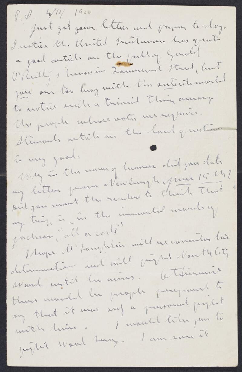 Partial letter from James Connolly [to Murtagh Lyng] about publications and [William] McLoughlin fighting an election for the North City ward of Dublin,
