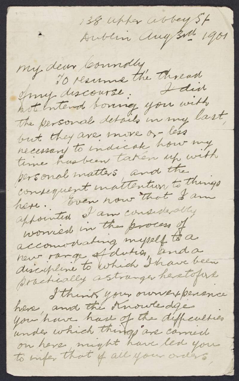 Letter from Murtagh Lyng to James Connolly explaining difficulties in Ireland and about running Connolly in an election in January 1902,