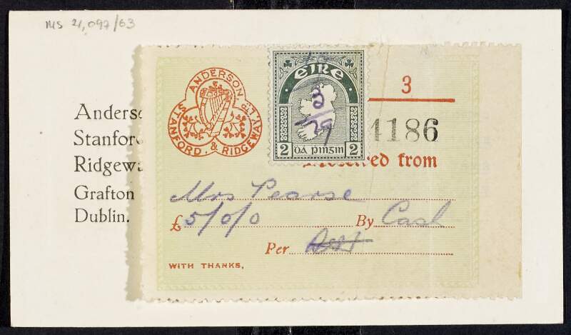 Receipt from Anderson, Stanford & Ridgeway, Ltd., Grafton Street, Dublin, for Margaret Pearse,