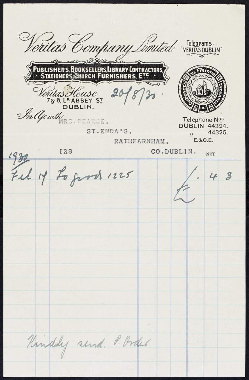 Invoice from Veritas Company Limited to Margaret Pearse to the amount of £0-4-8,