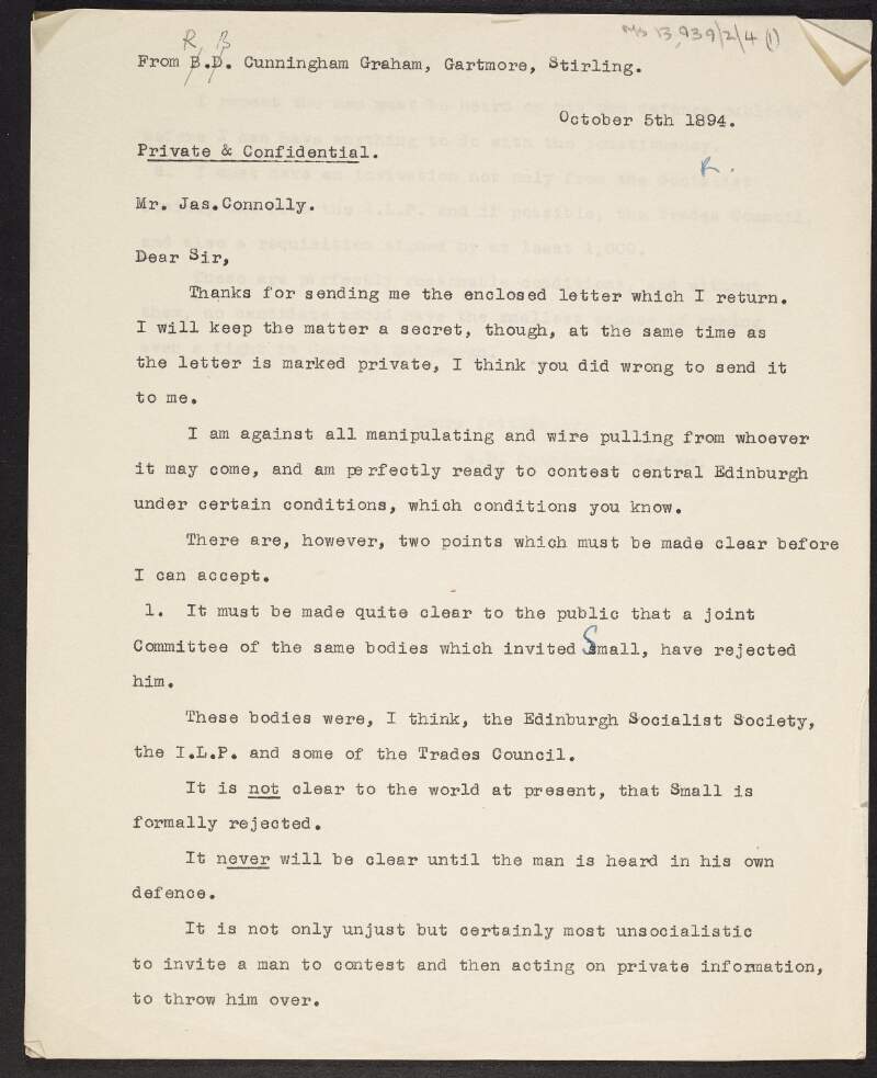 Copy of letter to James Connolly from Robert Bontine Cunninghame Graham to James Connolly setting out 2 points that must be made clear before he would agree to be an election candidate,