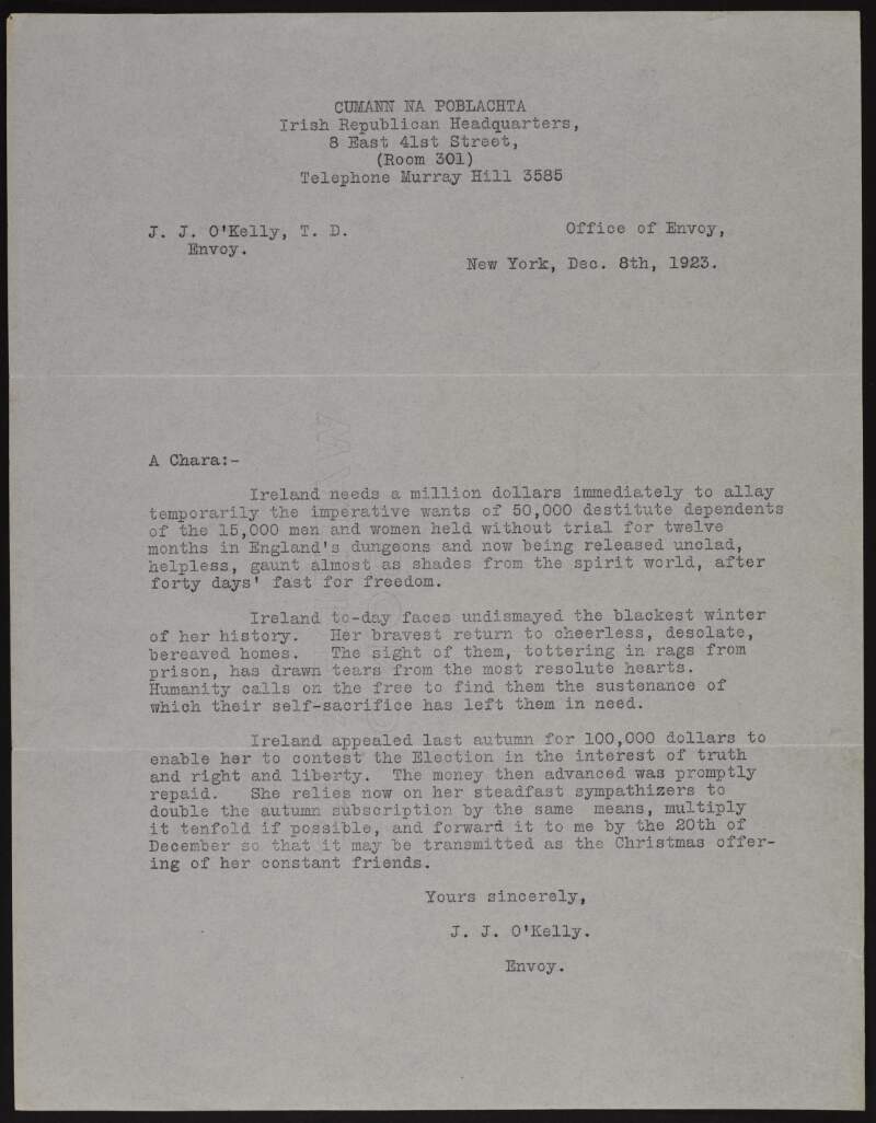 Circular letter from J.J. O'Kelly [Seán Ua Ceallaigh] appealing for donations to a relief fund for the dependents of Republican prisoners,