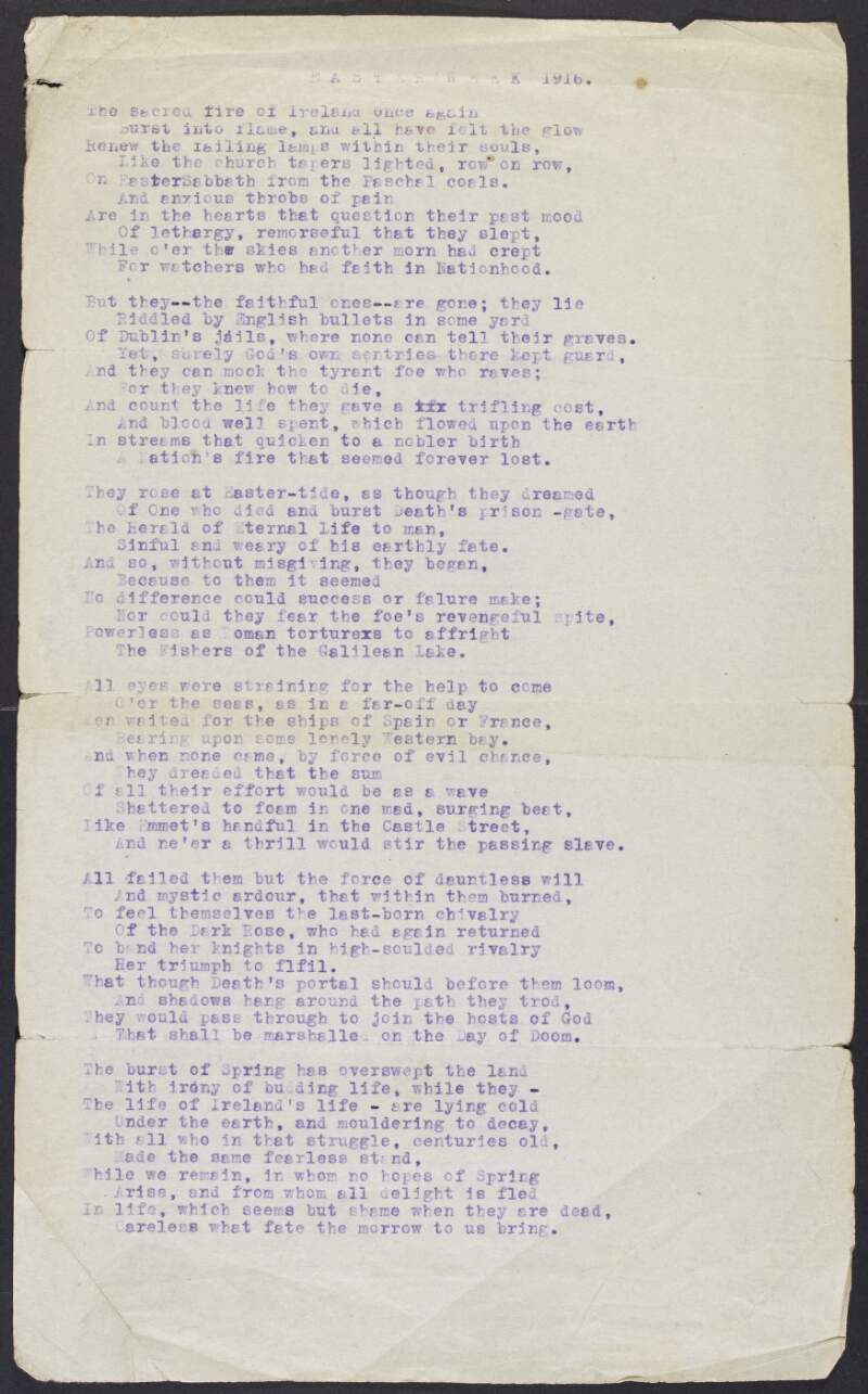 Copy of verse by Rev. P. J. Browne, Maynooth, titled 'Easter Week 1916',