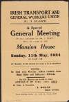 Flyer announcing a meeting of the Dublin No. 3 Branch of the Irish Transport and General Workers' Union, at Mansion House on 11th May, "to deal with circular letters received from Head Office and delinquent Officials",