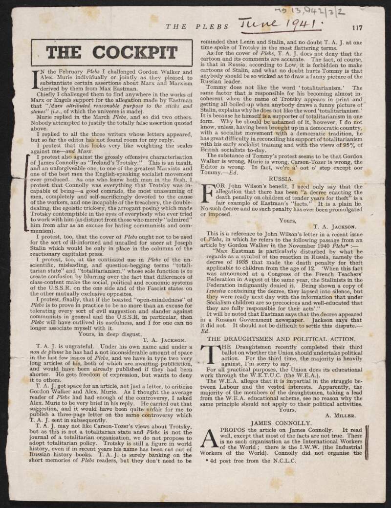 Newscutting from 'The Plebs' magazine of a letter from Jack Carney, refuting facts presented in an article ["James Connolly: Ireland's Trotsky" by John Carson-Tozer],