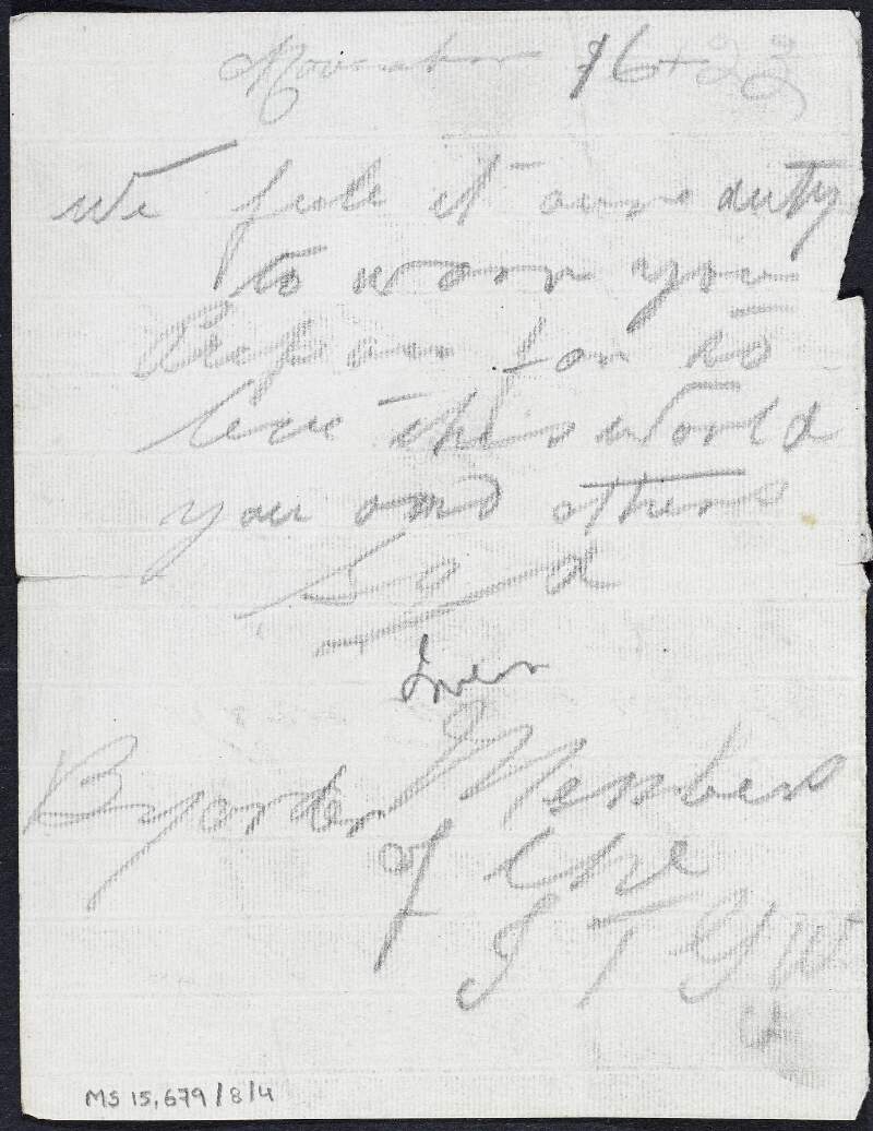 Manuscript copy of an order issued by the Irish Transport and General Workers' Union,