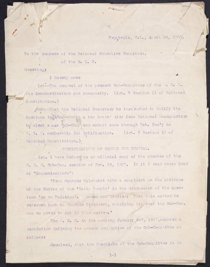 Partial copy of letter from Olive M. Johnson, member of the National Executive Committee of the Socialist Labor Party, to its members, motioning for the removal of the Sub-Committee of the National Executive Committee and outlining the charges,