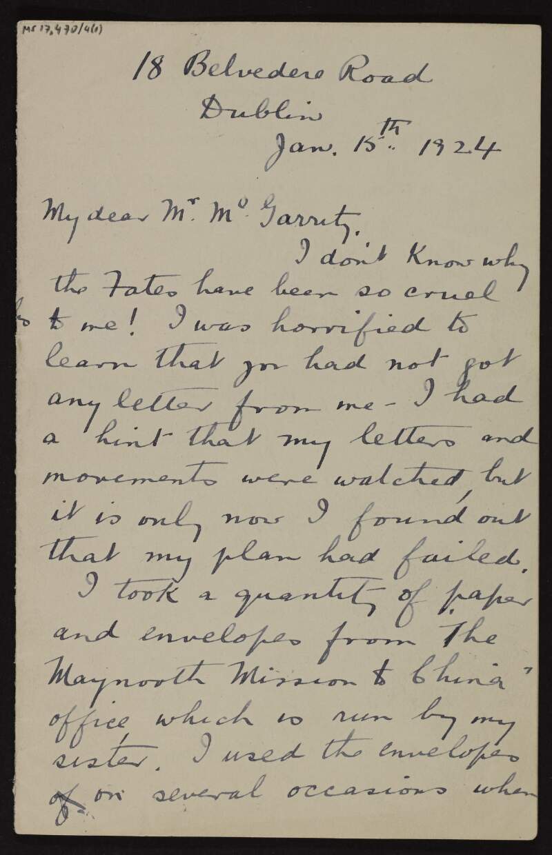 Letter from Katherine O'Doherty to Joseph McGarrity, complaining that her letters to him had been searched by the Free State authorities including her sister, about the situation in Ireland such as the hunger-strike by Republican prisoners and conflict within the IRB, and that she is anxious for him to write the introduction to Dan Breen's book,