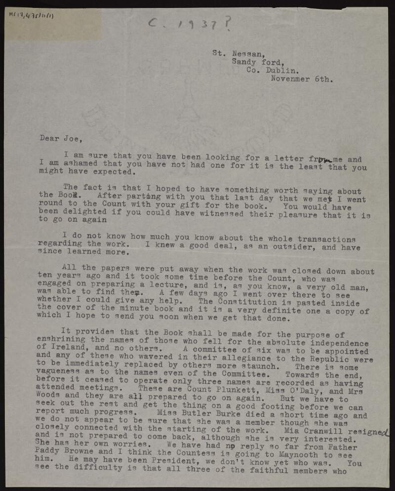 Letter from Maire Comerford to Joseph McGarrity about the Memorial Book project to enshrine the names of those who died fighting for the "absolute indepedence of Ireland, and no others" [indicating no Free State names included] and uncertainty over who made up the original committee for the project, and about life in Ireland such as the books of Dorothy Macardle and "Dr Moloney" being denied to Republican prisoners,