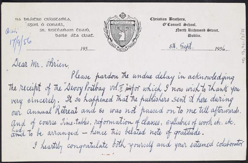 Letter from Reverend W. P. Allen to William O'Brien thanking him for his copy of Volume Two of 'Devoy's Post Bag', congratulating and praising O'Brien and Desmond Ryan on the publication and requesting their autographs,