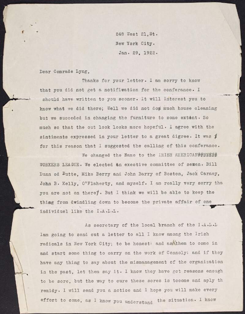 Letter from John P. McCarthy, Irish American Labor League, New York, to "Lyng", regarding the outcome of a meeting of "Irish radicals" and the Irish American labor movement,