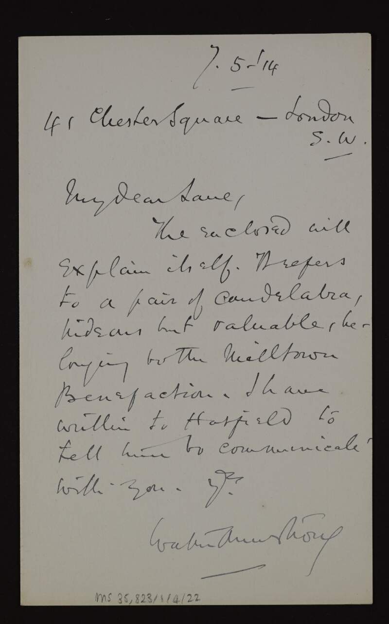 Letter from Walter Armstrong to Hugh Lane regarding a pair of candelabra belonging to the Milltown benefaction,