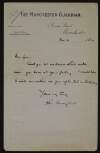 Letter from John Masefield to Hugh Lane asking for information in order to write an article on Lane's new gallery with a list of works and their artists on the reverse,