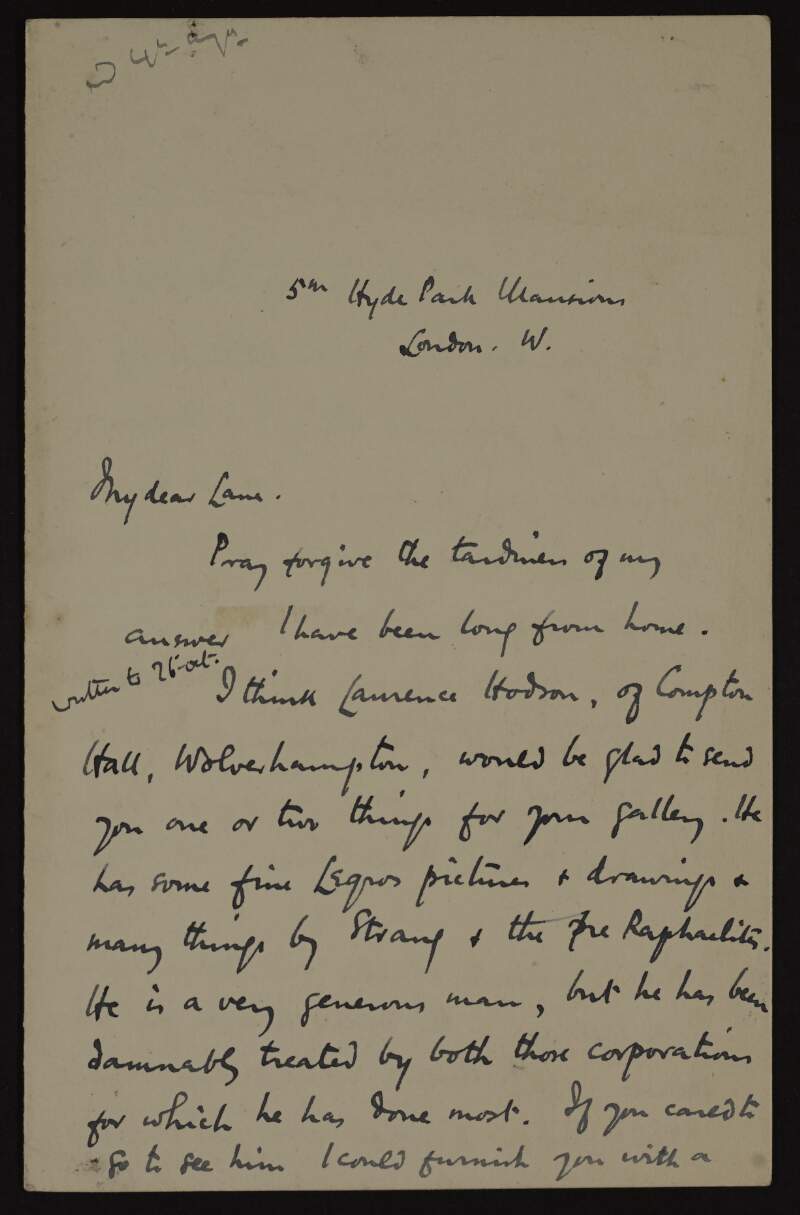Letter from John Masefield to Hugh Lane giving details of prospective donors to the new gallery of modern art in Dublin,