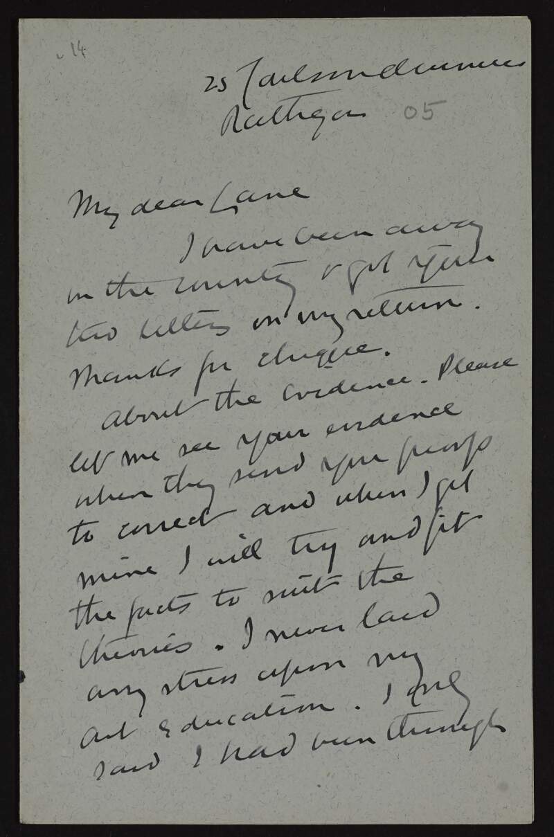 Letters from George Russell [AE] to Hugh Lane regarding queries over his art education in Dublin and proofs that will have to be provided,