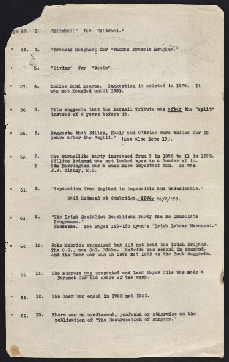 Partial copy typescript of suggestions and corrections given by William O'Brien to Dorothy Macardle on her publication 'The Irish Republic' ,