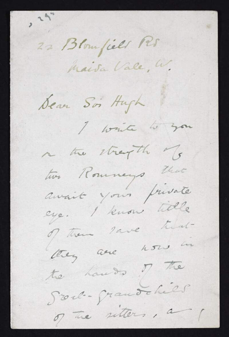 Letter from Everard Meynell to Hugh Lane describing two Romney portraits that Lane might be interested in purchasing,