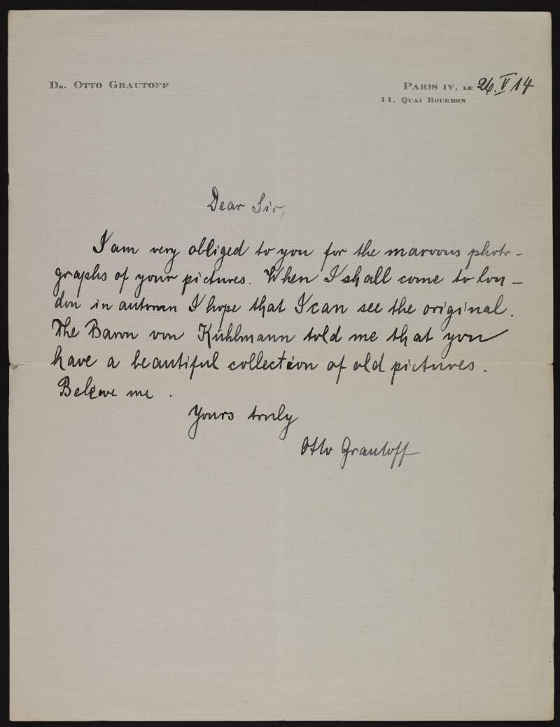 Letter from Otto Grautoff to Hugh Lane thanking him for the photographs of his pictures and informing him he looks forward to seeing the originals,