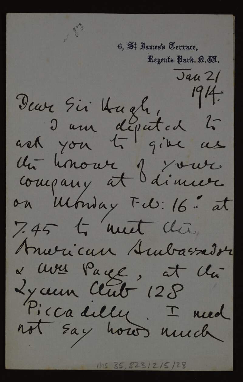 Letter from Ella Hepworth Dixon to Hugh Lane inviting him to meet the American Ambassador at a dinner with the "American circle" at a Club on 16 February,