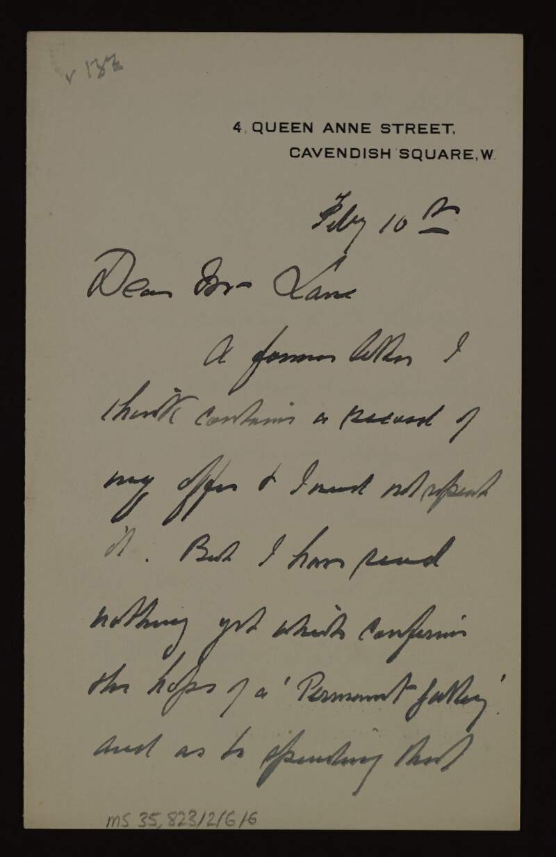 Letter from George Donaldson to Hugh Lane regarding Lane's hopes for a permanent gallery and Donaldson's promise to give a picture to it,
