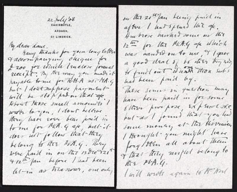 Letter from Dermod O'Brien to Hugh Lane regarding the cost of various pictures and other expenses,